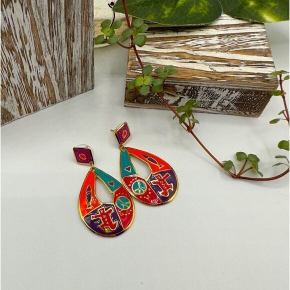 Vintage 80’s Edgar Berebi Enamel Dangle Earrings - Picture 1 of 6